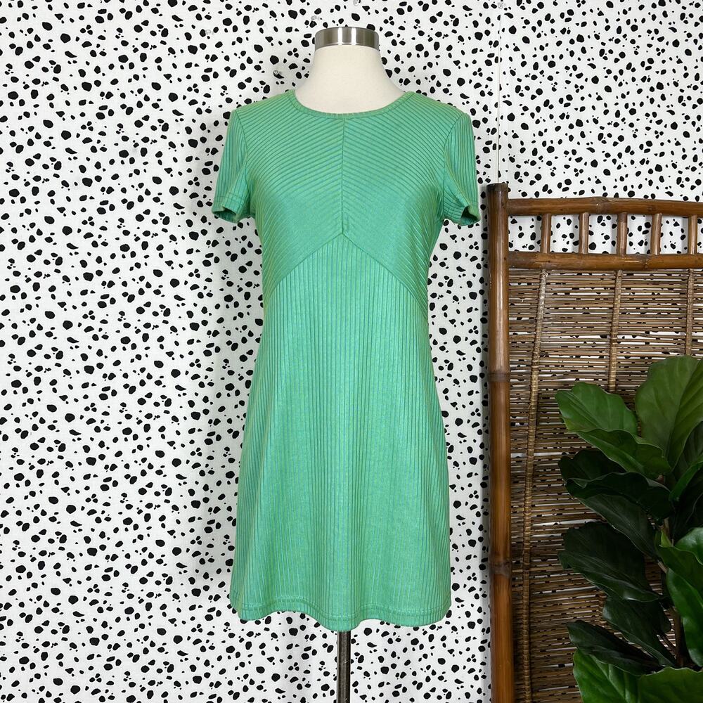 Vintage | 90s Possessed Blue Green Ribbed Striped Short Sleeve Mini Baby Dress S - Picture 2 of 7